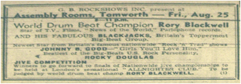 25/08/61 - World Drum Beat Champion Rory Blackwell and his fabulous Blackjacks, Britains toppermost big-beat combo.