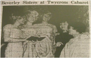 Teddy of the Beverley Sisters signs the autograph book of local girls Angela Cleaver and Joyce Andrews at the Assheton House Cabaret Club, Twycross on Saturday night. Twenty-year old Angela (pictured second from right) is a secretary in Tamworth and lives at 63, Sutton Avenue, Fazeley Road Estate, Tamworth, and machinist Joyce, who is 24, at The Gables, Clifton Campville.