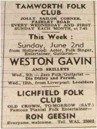 Tamworth Herald – 14/06/68 - Tamworth Folk Club – Jolly Sailor – Every Wednesday and the first Sunday of each month