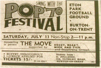11/07/70 - Pop ’70 Festival, The Move, Dozey, Beaky, Mick and Titch, Eton Park Football Ground, Burton-on-Trent