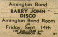 14/09/73 - Barry John Disco, Amington Band Room, Admission: 15p