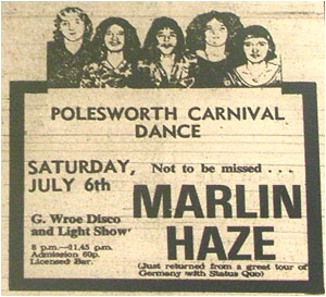 06/07/74 - Marlin Haze, (Just returned from a tour of Germany with Status Quo), Polesworth Carnival Dance, Geoff Wroe Disco and Lightshow