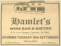 Hamlets Wine Bar – Opening 28th September 1976