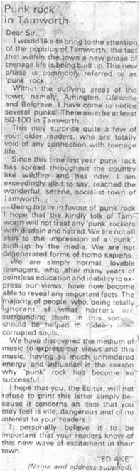 Ed Ake Letter – Punk in Tamworth Herald